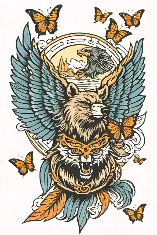 bear, flying eagle, butterfly, 2 wolves,  tattoo design idea