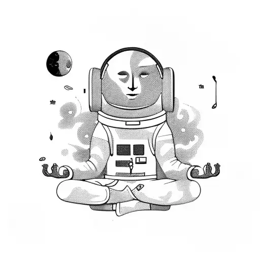  astronaut, floating, sitting in meditation pose, listenting to music with headphones, with planets revolving around tattoo design idea
