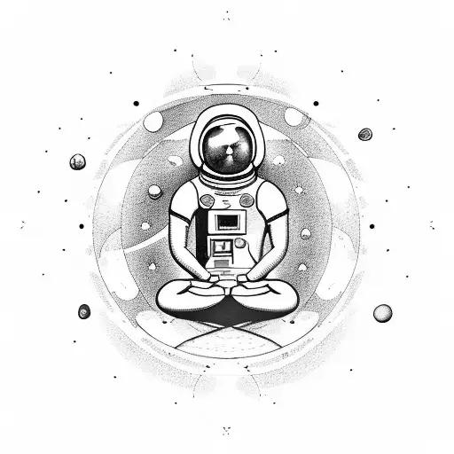 meditating astronaut sitting cross legged listenting to music with planets revolving around him tattoo design idea