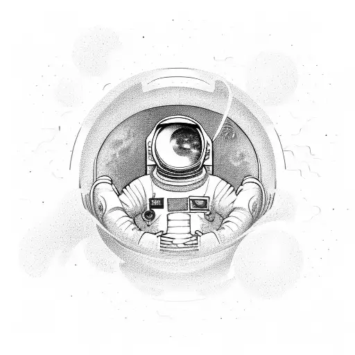  astronaut, floating, tting in a meditation pose, listenting to music with headphones, with planets revolving around him tattoo design idea