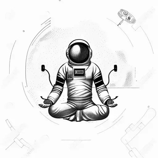 astronaut, sitting in a meditation pose, listenting to music with headphones, with planets revolving around tattoo design idea