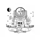  astronaut, floating, sitting in meditation pose, listenting to music with headphones, with planets revolving around tattoo design idea
