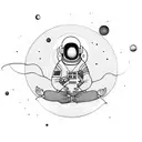  astronaut, floating, sitting in meditation pose, listenting to music with headphones, with planets revolving around tattoo design idea
