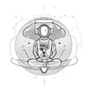  astronaut, floating, sitting in meditation pose, listenting to music with headphones, with planets revolving around tattoo design idea