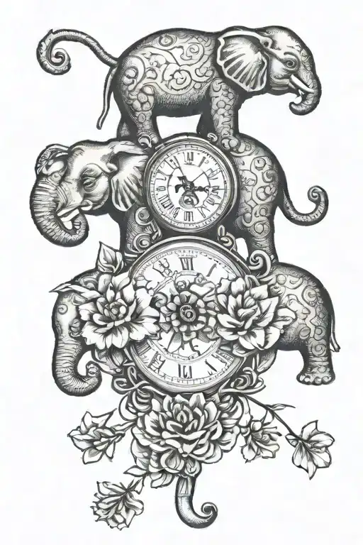 Elephant mom and baby, pocket watch, rubies, larkspur flower, water Lily flower,  tattoo design idea