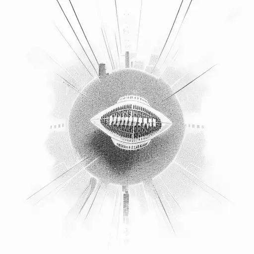 A majestic landscape of Cleveland's skyline at sunset, with a football soaring through the sky tattoo design idea