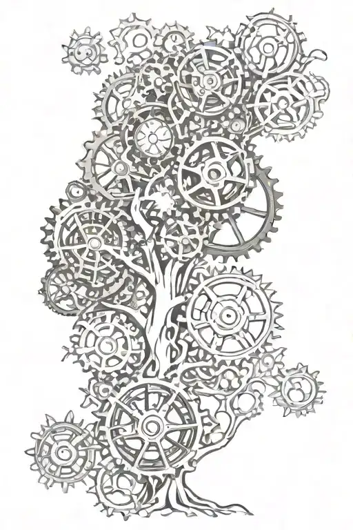An intricate tree of life design intertwined with gears and cogs, representing your connection to nature and machines tattoo design idea