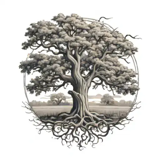 Southern live oak tree and eastern cottonwood tree intertwined tattoo design idea