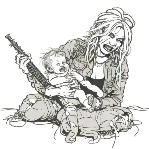 loud music, barb wire, woman holding a baby tattoo design idea