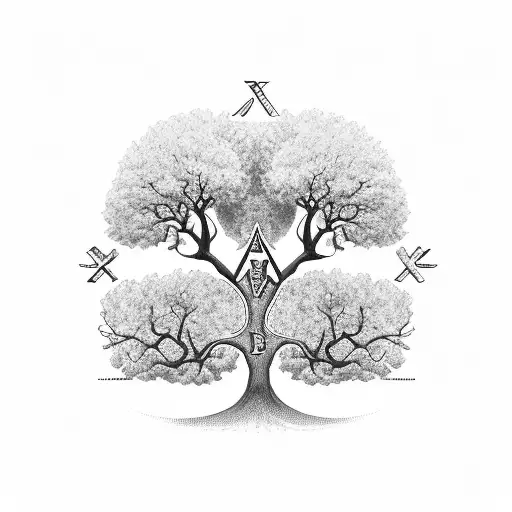 Family tree with initials incorporated in the branches tattoo design idea