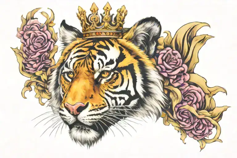 tiger head wearing broken crown tattoo design idea