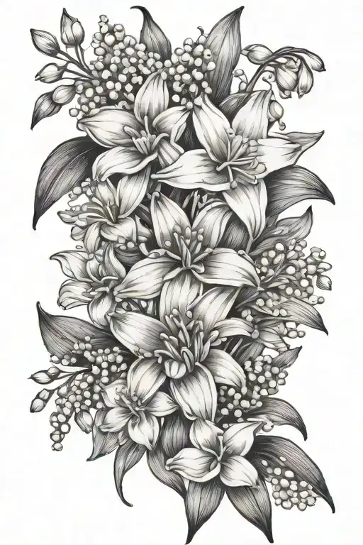 Daisy Daffodil and Lily of the valley bouquet tattoo design idea