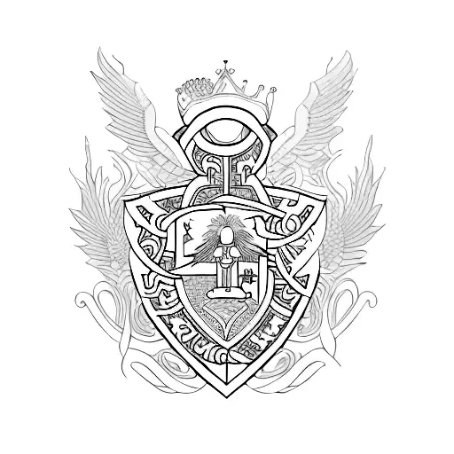 A tattoo of a family crest with elements representing your husband's novel, your daughter's name, and your passion for psychology tattoo design idea