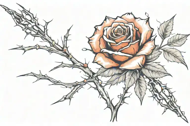a tattoo design of brown rose thorns shaped into the sagittarius constellation with a vibrant red rose tattoo design idea