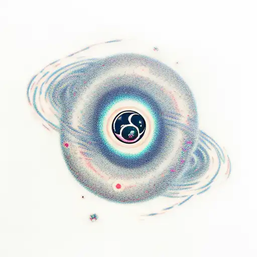 A realistic depiction of a black hole surrounded by swirling galaxies and musical notes tattoo design idea