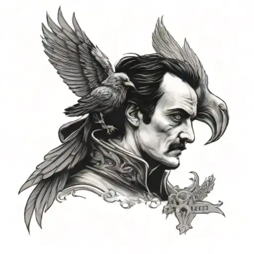 poe portrait black with cemetery and crow with wings tattoo design idea