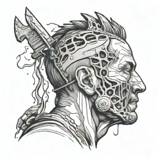 person  with knife in head scary tattoo design idea