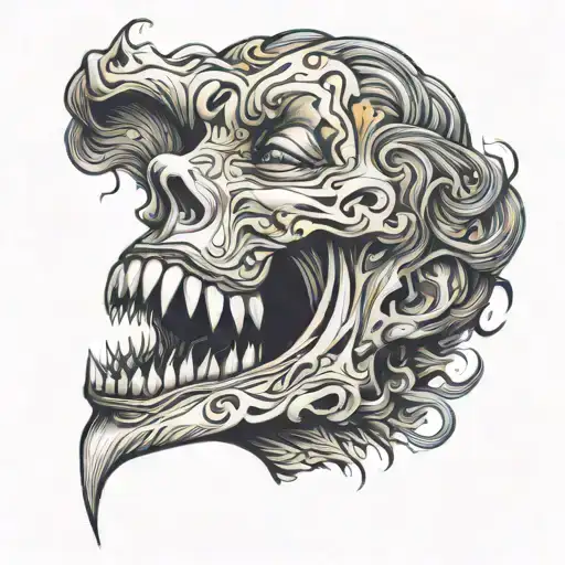 The figure is depicted in semi-profile, slightly hunched over, with her head tilted back as if she were screaming into the void. Her mouth tattoo design idea