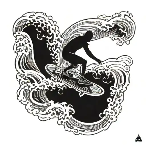 A skateboard morphing into a surfboard with waves crashing around it tattoo design idea