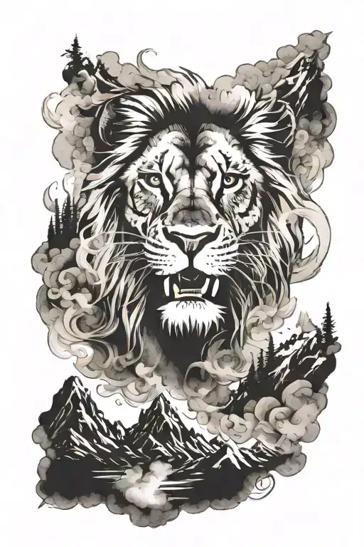 lion face fading into smoke with mountains panorama tattoo design idea