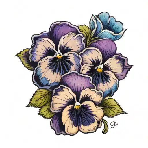 purple and blue pansies with text "everything happens for a reason" tattoo design idea