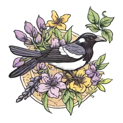 Australian Magpie and Lavender flowers tattoo design idea