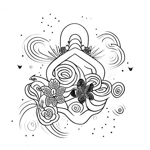 woman with wrapped arms around herself to signify self-love, with blooming flowers, butterflies, stardust from the neck tattoo design idea