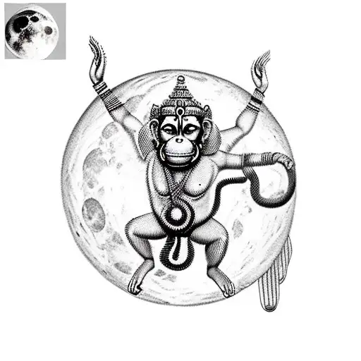 God Hanuman flying with full moon behind him tattoo design idea