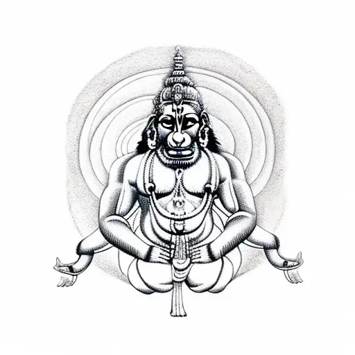 God Hanuman doing sun salutation with a full moon behind him tattoo design idea