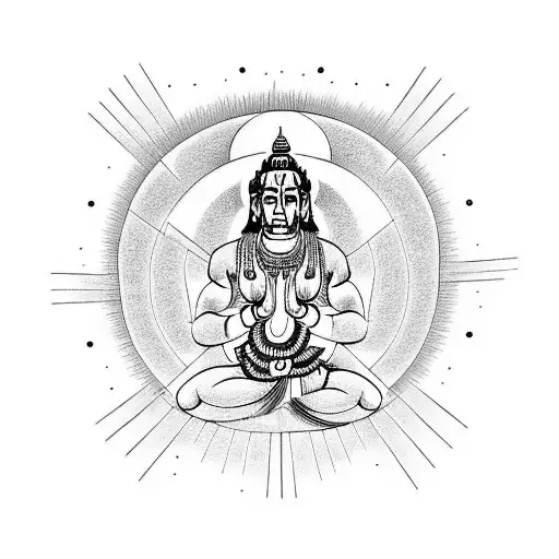 God Hanuman doing sun salutation with a full moon behind him tattoo design idea