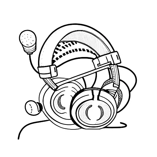 A minimalist tattoo of a headphone with a video game controller wrapped around it tattoo design idea
