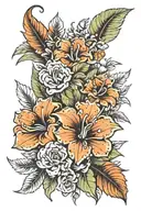 highly detailed, masculine floral tattoo design with a tropical theme, optimized to be more long than wide. The tattoo f tattoo design idea