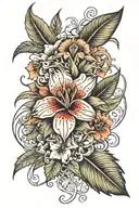 highly detailed, masculine floral tattoo design with a tropical theme, optimized to be more long than wide. The tattoo f tattoo design idea