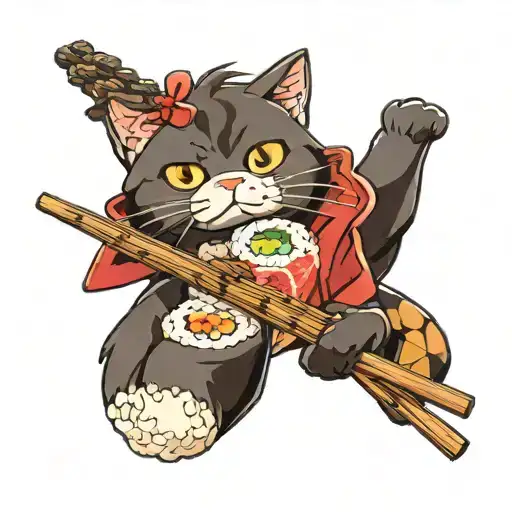 cat shaped maki roll being held by chopsticks tattoo design idea