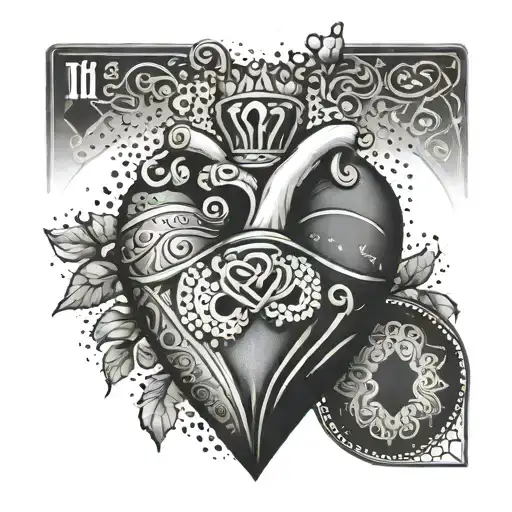 A stylized tattoo of a heart and a pair of Jack and Queen cards with a dotwork pattern, representing a blend of love and luck tattoo design idea