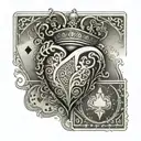 A stylized tattoo of a heart and a pair of Jack and Queen cards with a dotwork pattern, representing a blend of love and luck tattoo design idea