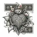 A stylized tattoo of a heart and a pair of Jack and Queen cards with a dotwork pattern, representing a blend of love and luck tattoo design idea