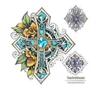 cross tattoo with sapphire, amethyst, aquamarine and emerald birthstones. geometric patterns around the cross tattoo design idea