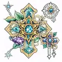 cross tattoo with sapphire, amethyst, aquamarine and emerald birthstones. geometric patterns around the cross tattoo design idea