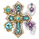 cross tattoo with sapphire, amethyst, aquamarine and emerald birthstones. geometric patterns around the cross tattoo design idea
