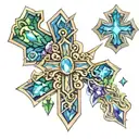 cross tattoo with sapphire, amethyst, aquamarine and emerald birthstones. geometric patterns around the cross tattoo design idea