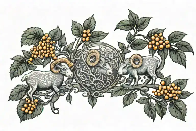 tattoo situated in the belly line and hips Incorporated orange tree and two ram head profiles of each side of the hips tattoo design idea