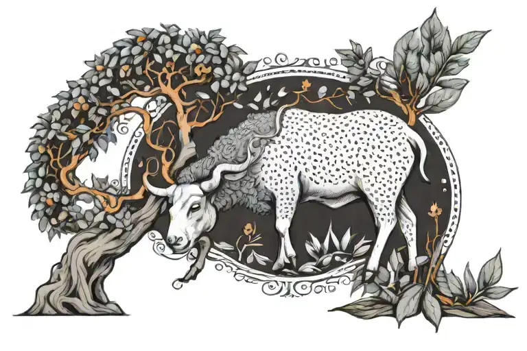 tattoo situated in the belly line and hips.  Incorporated orange tree and two head rams profile of each side of the hips tattoo design idea