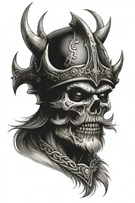 Viking face morphing skull wearing a crown tattoo design idea