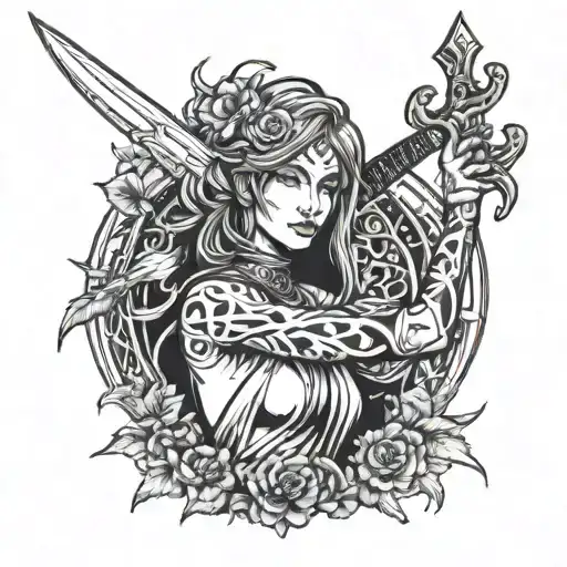 sword and priestess woman wild tattoo design idea