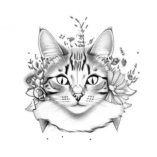 cat, with wildflowers, 2 bees and dogprints tattoo design idea