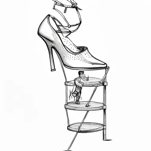 a stripper heel with a tiny man trapped in the platform  tattoo design idea
