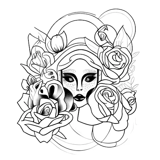 mulher, rosto, flores, lua tattoo design idea