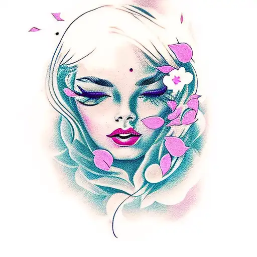 woman face with flower petals instead of eyelash tattoo design idea