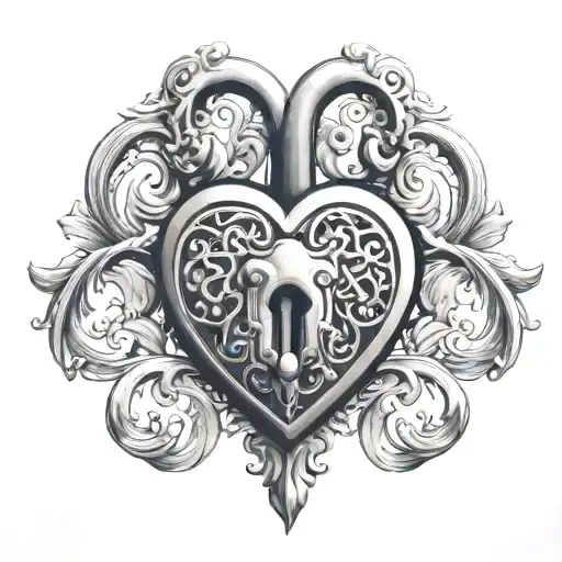Heart shaped lock.  Small visible keyhole. "Owned" integrated in the filigree.  tattoo design idea